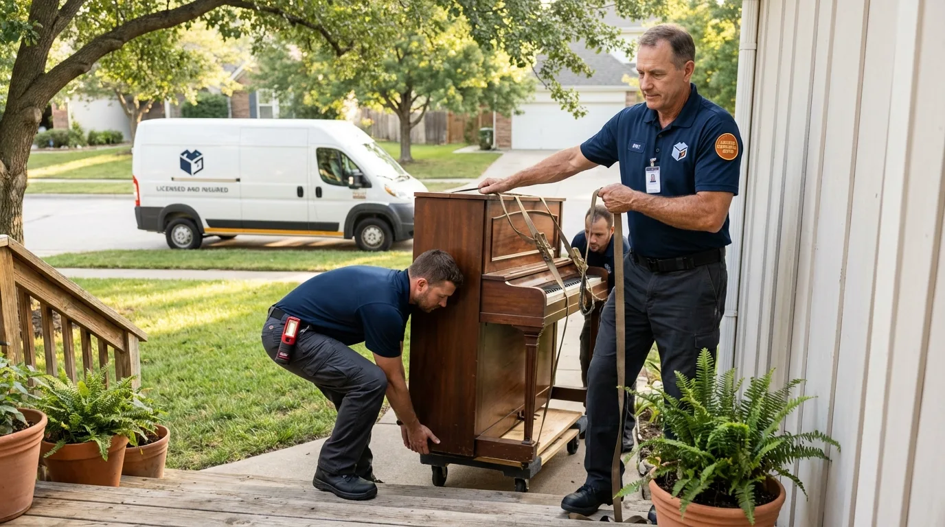Licensed piano movers securing grand piano in Sun City, AZ
