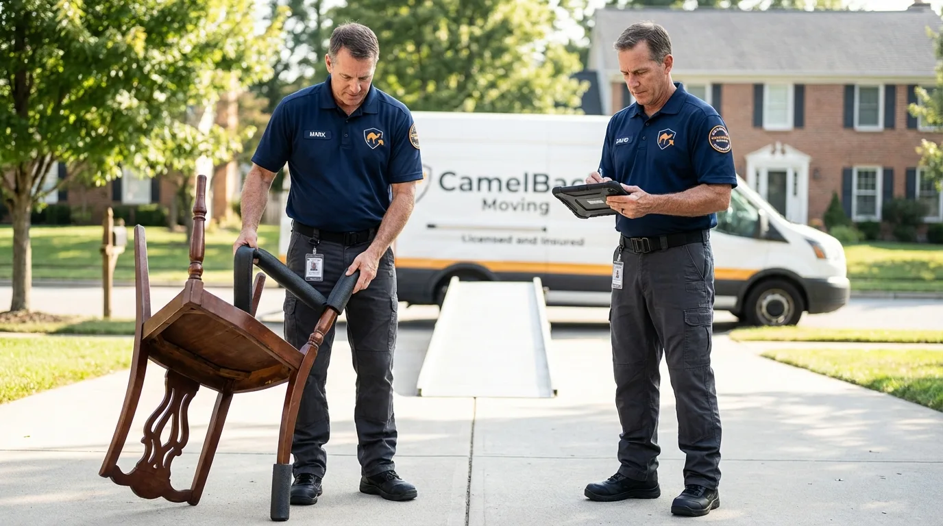 Movers inspecting furniture for damage prevention before loading in Sun City, AZ