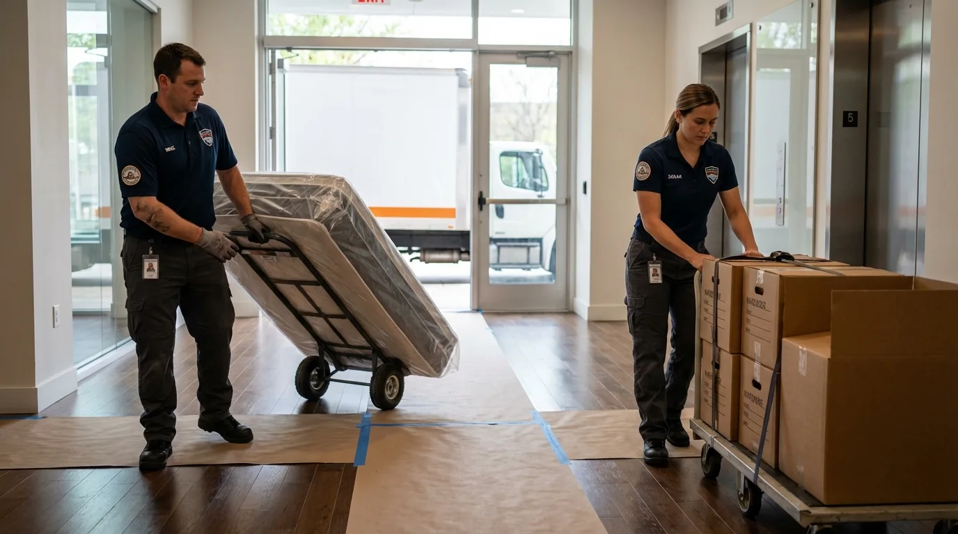 Professional apartment movers loading elevator in Sun City, AZ